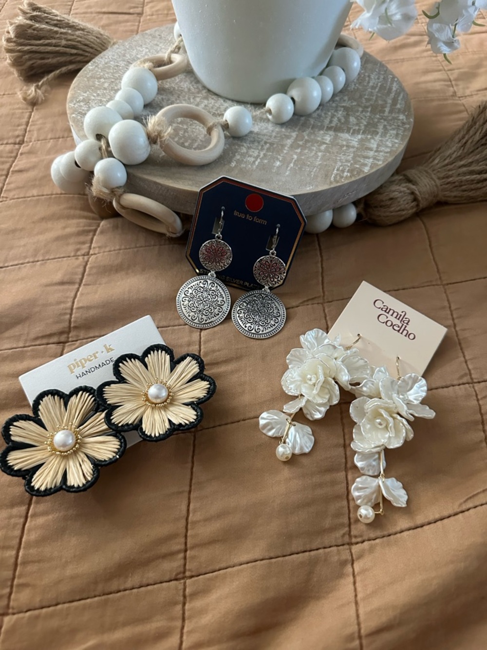 Camila Coelho Cream Floral Drop Earrings with Pearl Drops